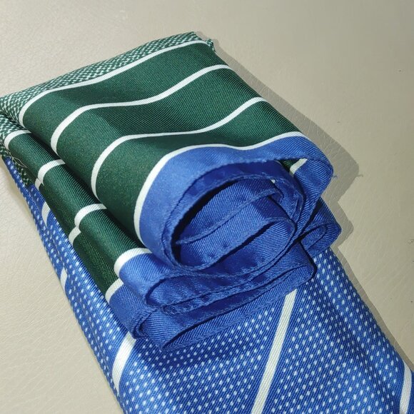 Silk Scarf Handkerchief Vintage Green Blue Striped Polka Dot - Picture 11 of 12